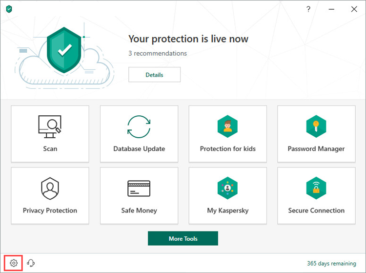 Opening the settings of Kaspersky Total Security 19